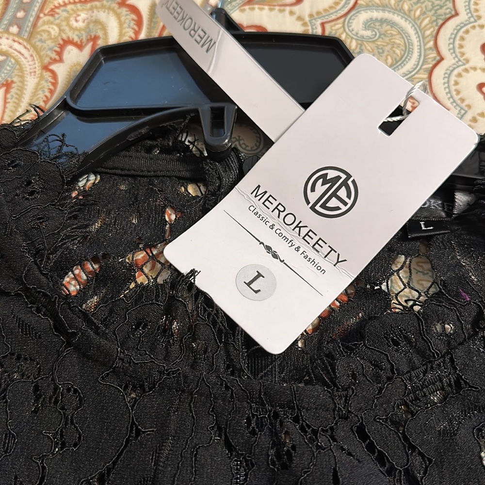 NWT MEROKEETY Women's Sleeveless Lace Floral Cocktail Dress Crew Neck black L - Picture 7 of 13